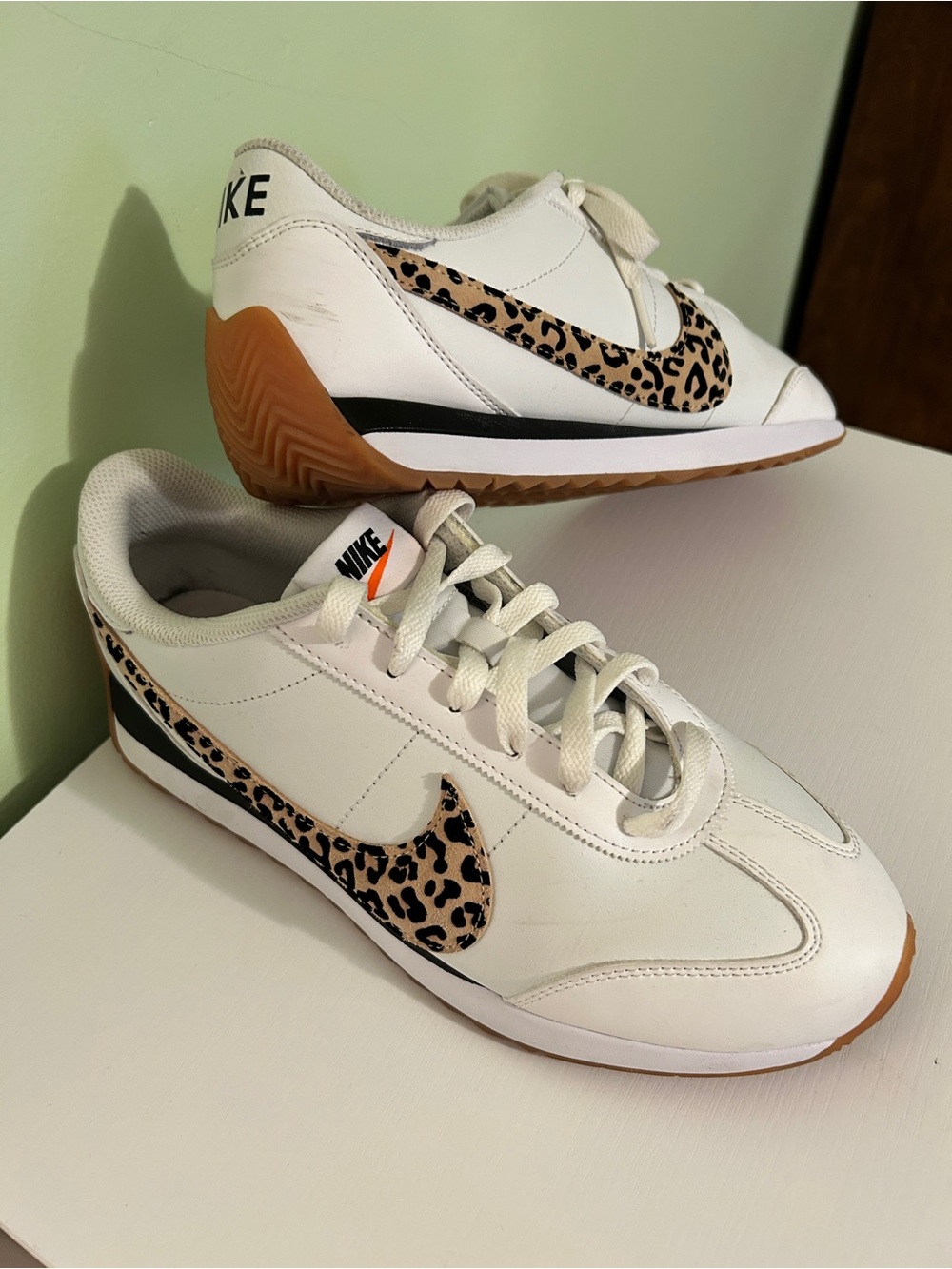 Nike Women’s White Sneakers with Leopard Print Swoosh and Gum Sole Size 9.5